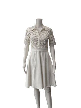 $1495 Lela Rose White Crochet Shirt Collared Fit & Flare Dress size Small